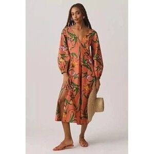 Anthropologie L Long Sleeve V-Neck Dress Coral Pink Floral Midi Boho Resortwear
